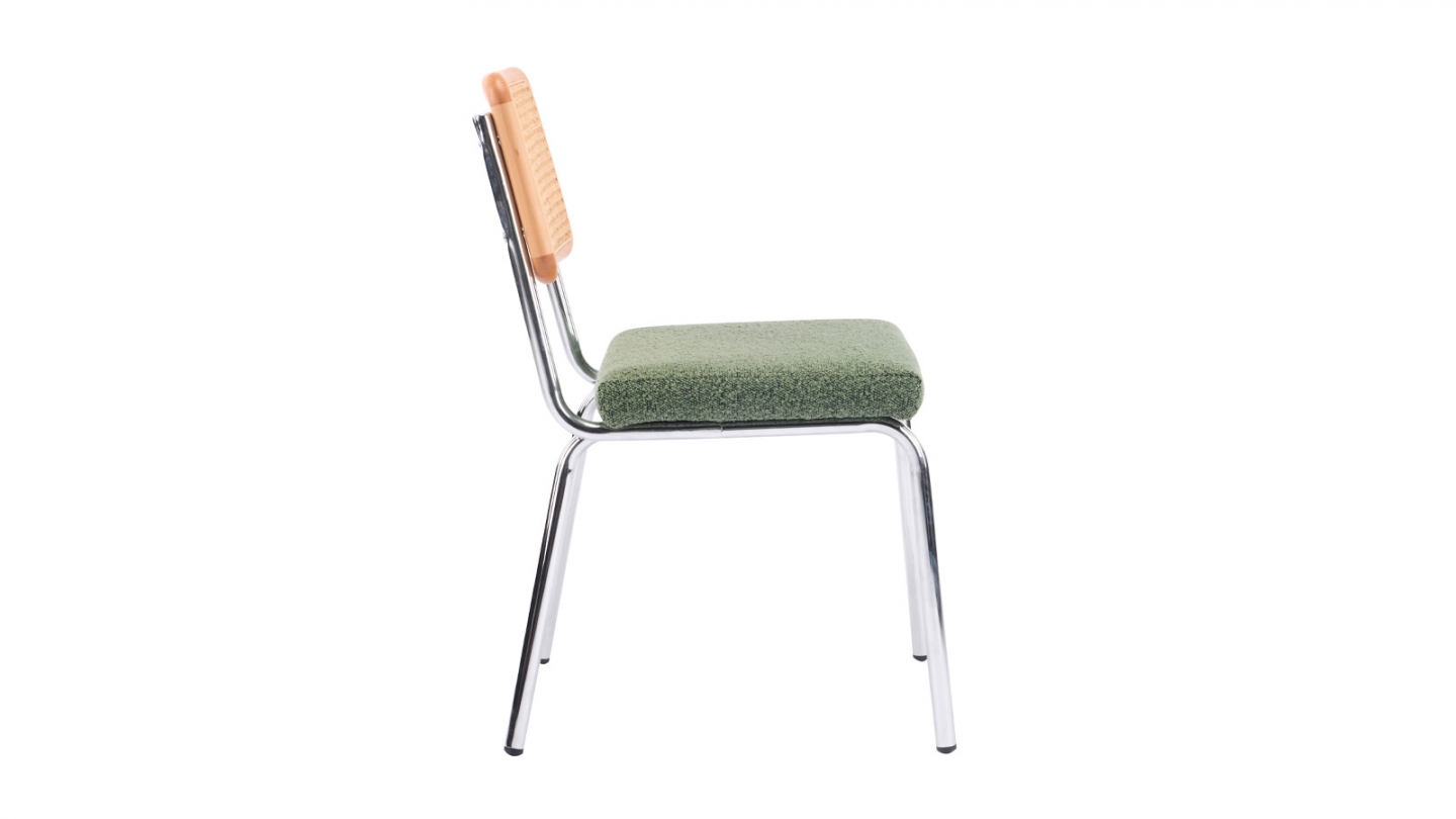 Lot de 2 chaises en métal chromé, cannage naturel et tissu bouclé vert - Paula