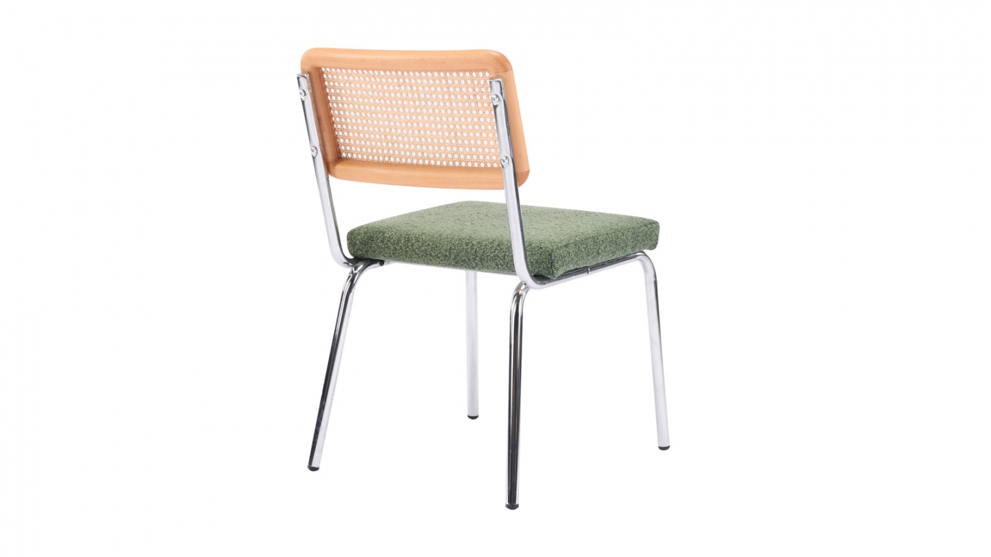 Lot de 2 chaises en métal chromé, cannage naturel et tissu bouclé vert - Paula