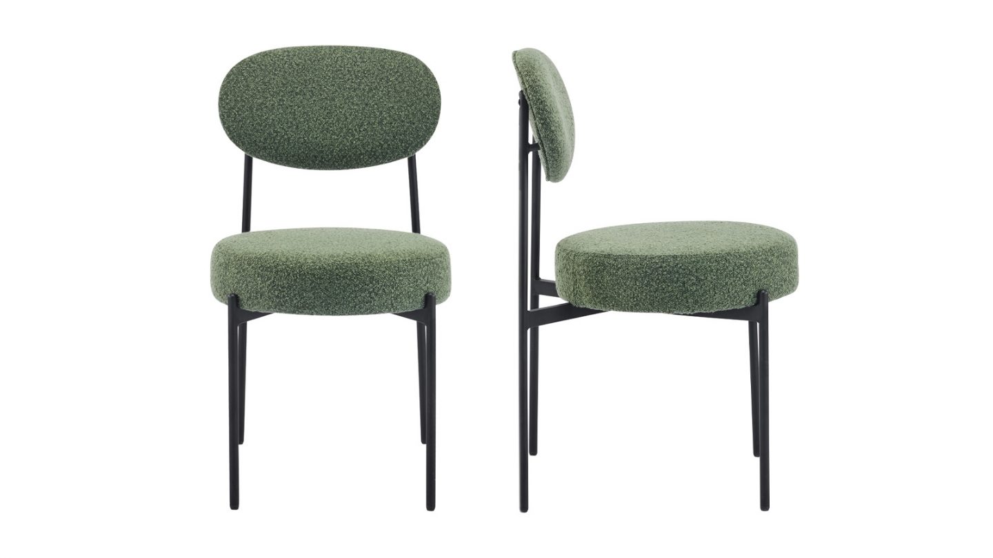 Lot de 2 chaises en tissu bouclé vert, piètement métal noir - Evora