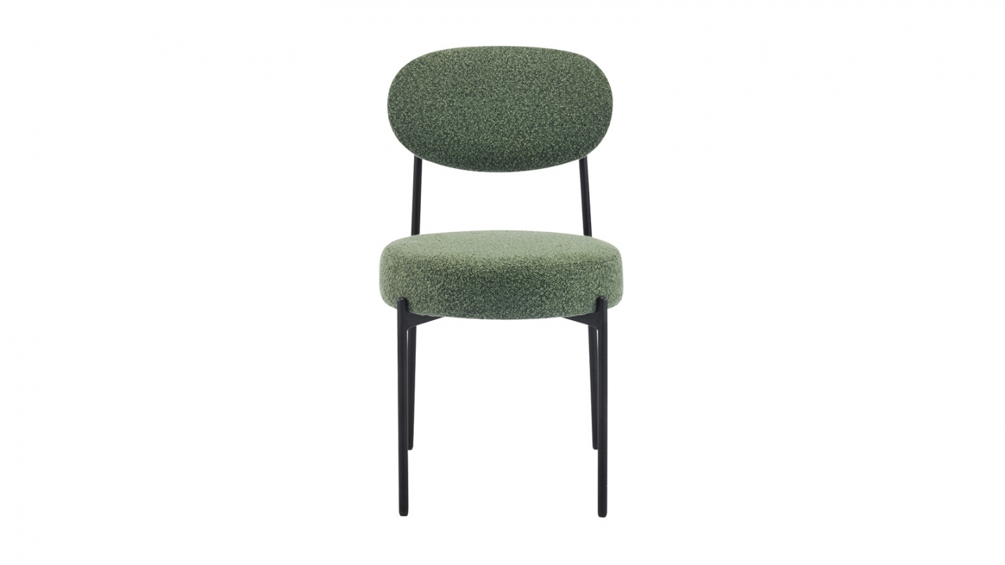 Lot de 2 chaises en tissu bouclé vert, piètement métal noir - Evora