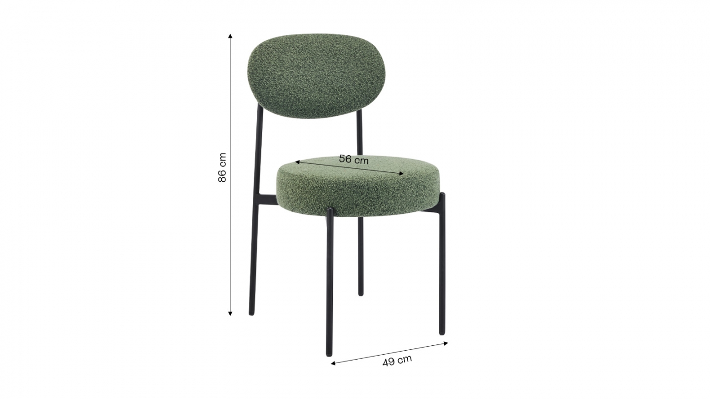 Lot de 2 chaises en tissu bouclé vert, piètement métal noir - Evora Lot de 2 chaises en tissu bouclé vert, piètement métal noir - Evora