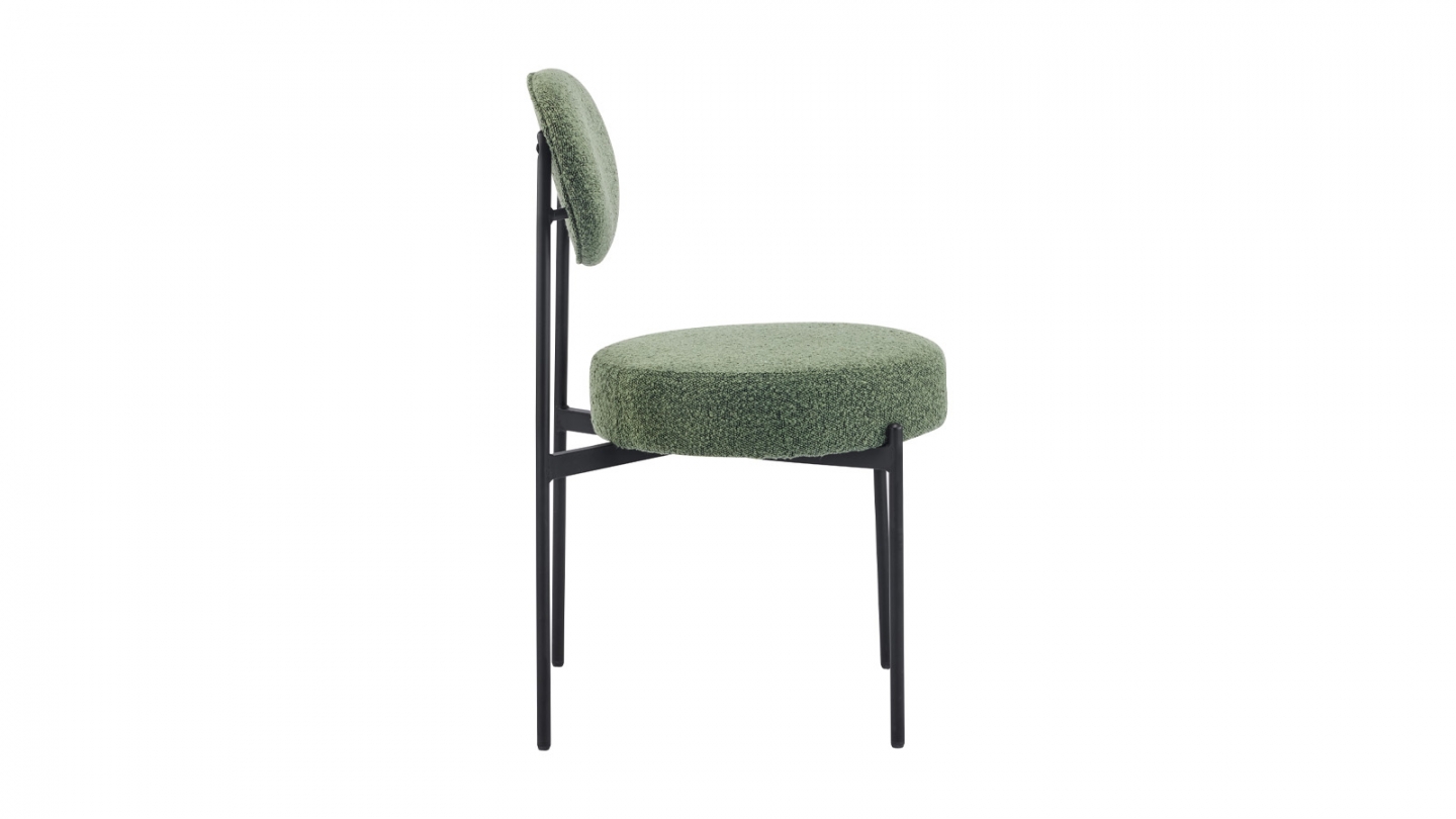 Lot de 2 chaises en tissu bouclé vert, piètement métal noir - Evora Lot de 2 chaises en tissu bouclé vert, piètement métal noir - Evora
