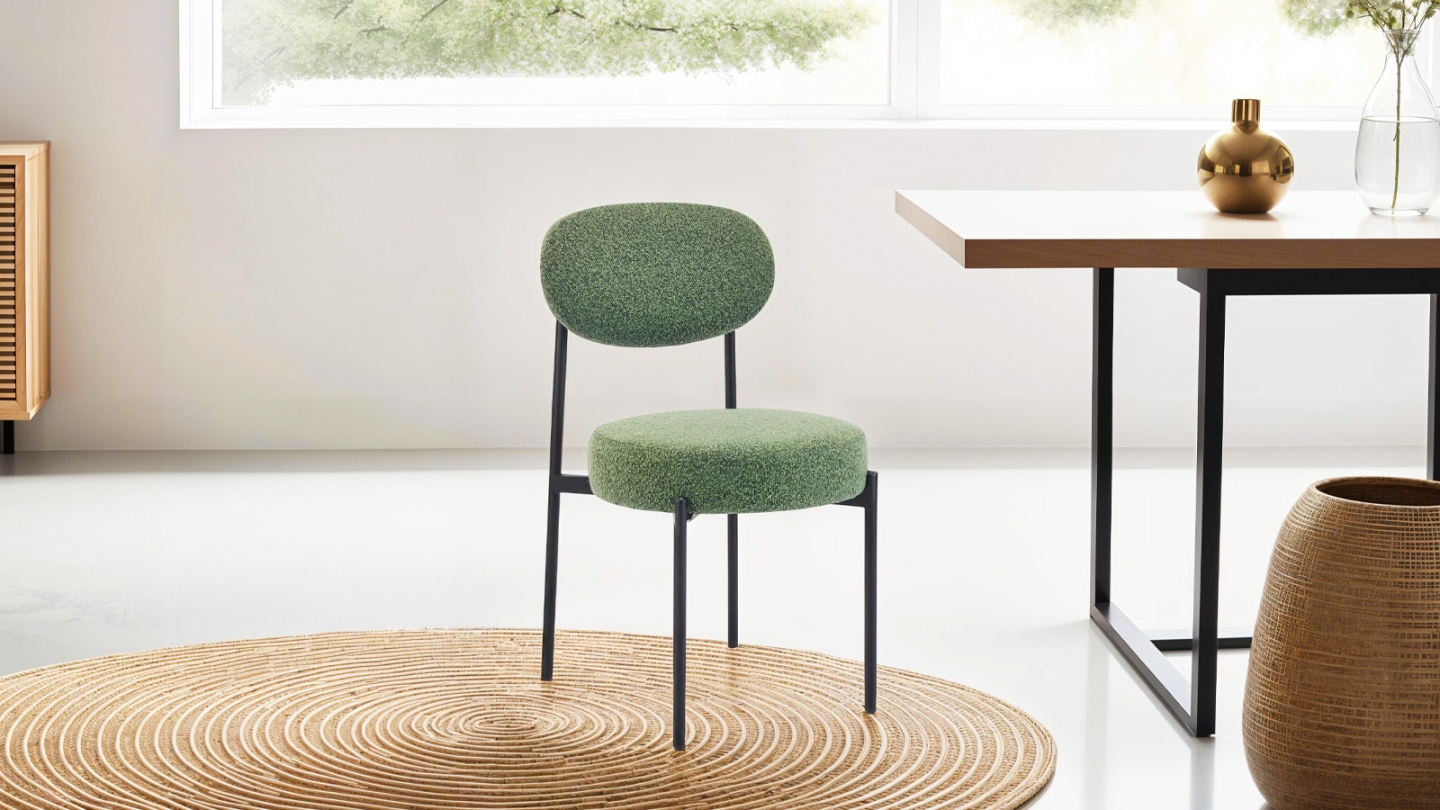 Lot de 2 chaises en tissu bouclé vert, piètement métal noir - Evora Lot de 2 chaises en tissu bouclé vert, piètement métal noir - Evora