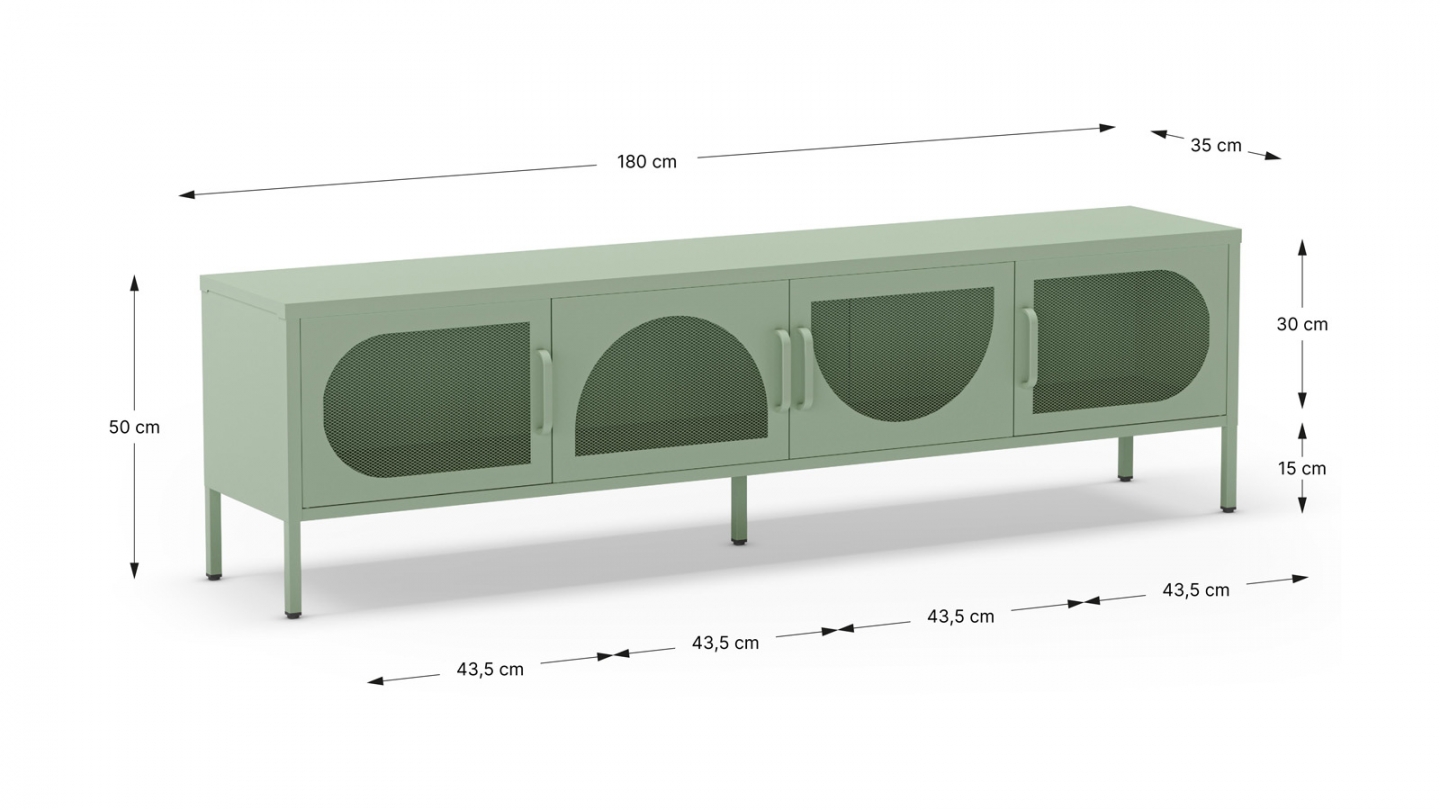 Meuble TV 4 portes en métal vert clair 180 cm - Inoa