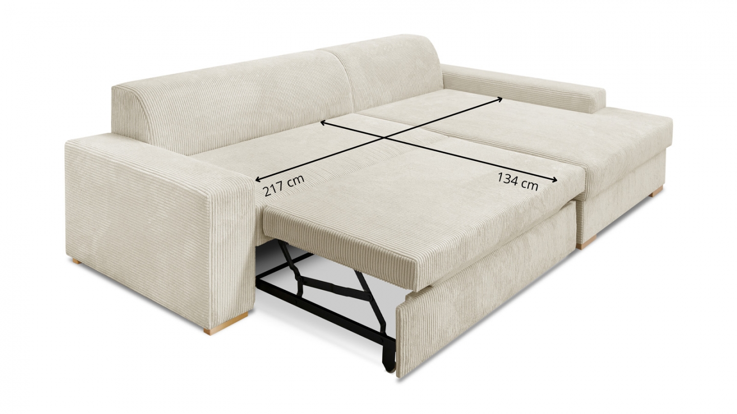 Canapé d'angle à droite convertible 3/4 places en velours côtelé beige - Nyssa