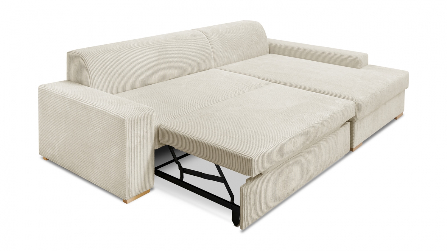Canapé d'angle à droite convertible 3/4 places en velours côtelé beige - Nyssa