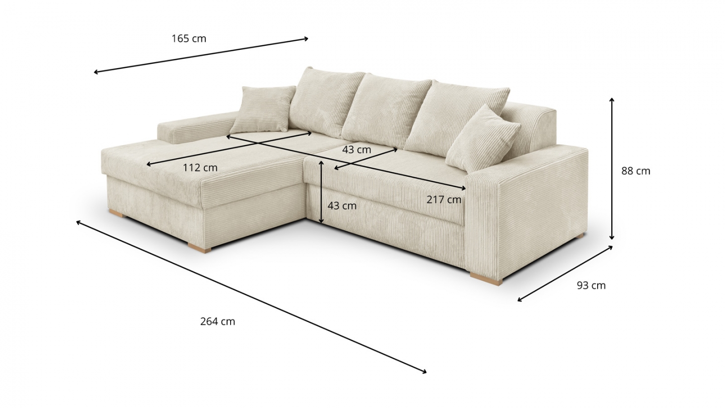 Canapé d'angle à gauche convertible 3/4 places en velours côtelé beige - Nyssa