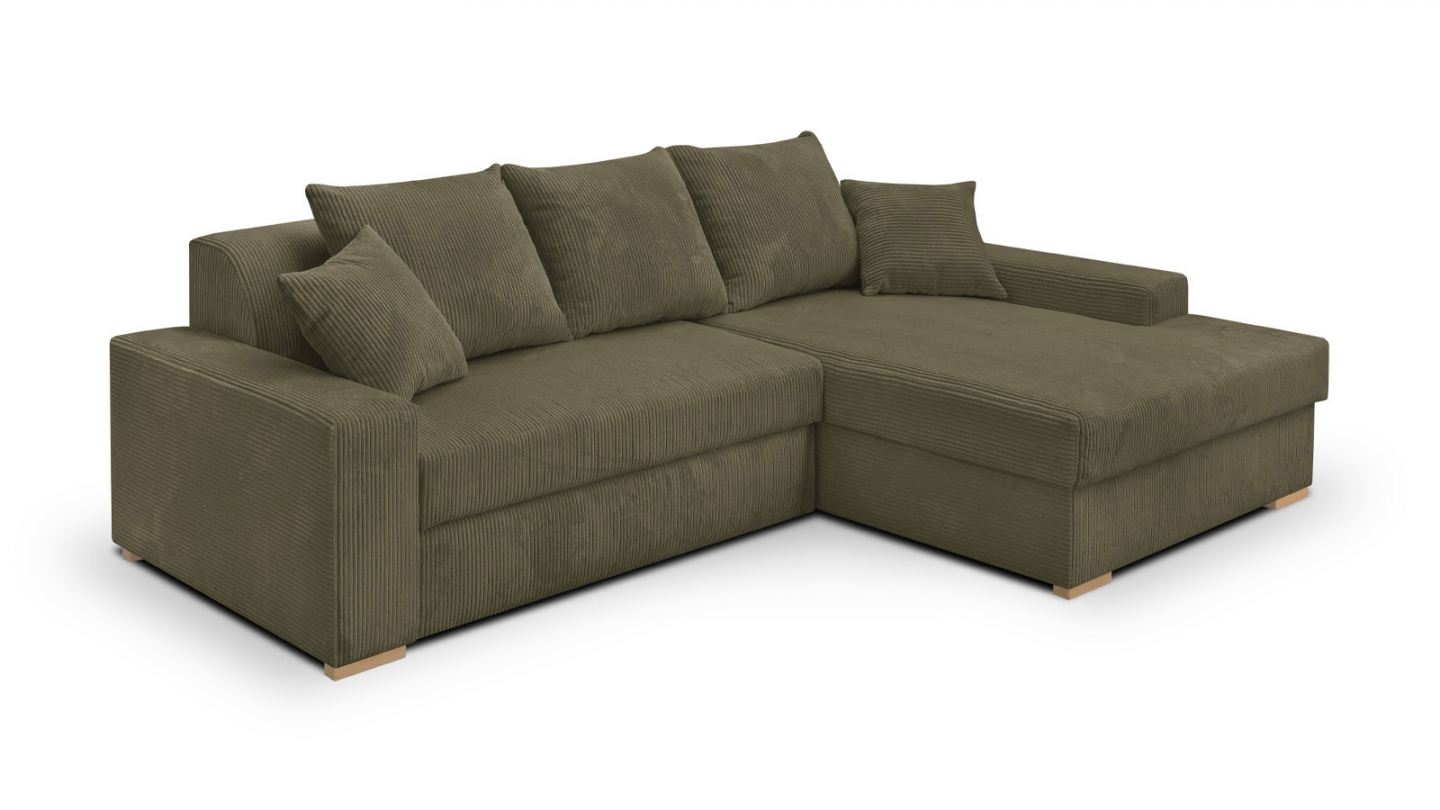 Canapé d'angle à droite convertible 3/4 places en velours côtelé vert kaki - Nyssa Canapé d'angle à droite convertible 3/4 places en velours côtelé vert kaki - Nyssa