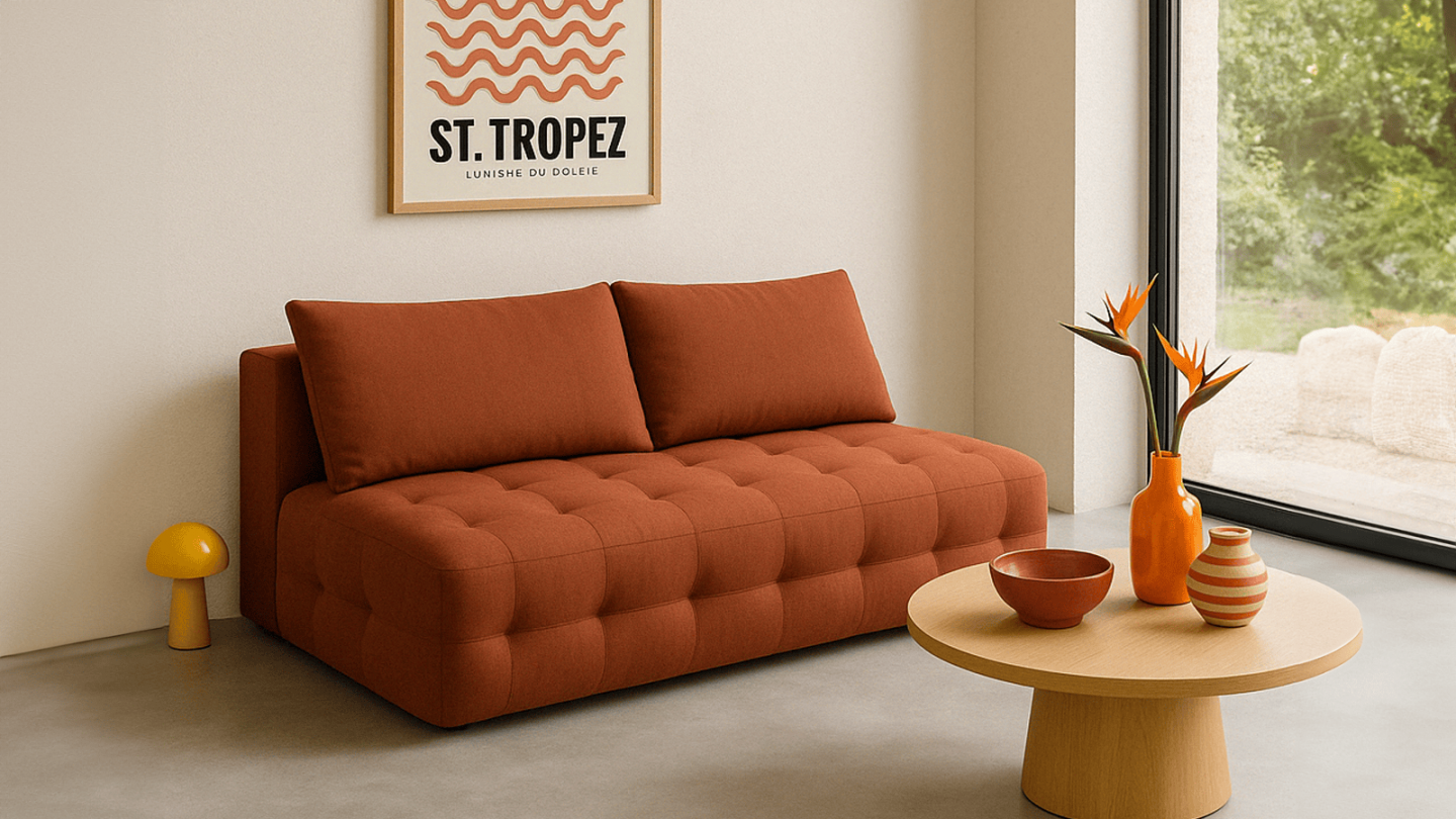 Canapé convertible 3 places avec coffre de rangement en tissu chenille terracotta - Léo