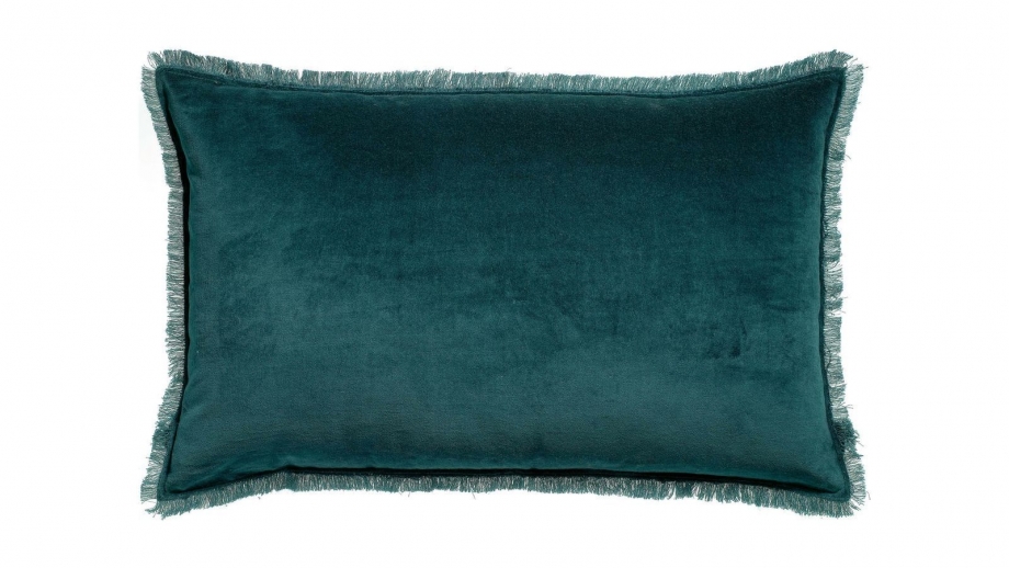 Coussin à frange en velours bleu paon 40 x 65 cm - Fara