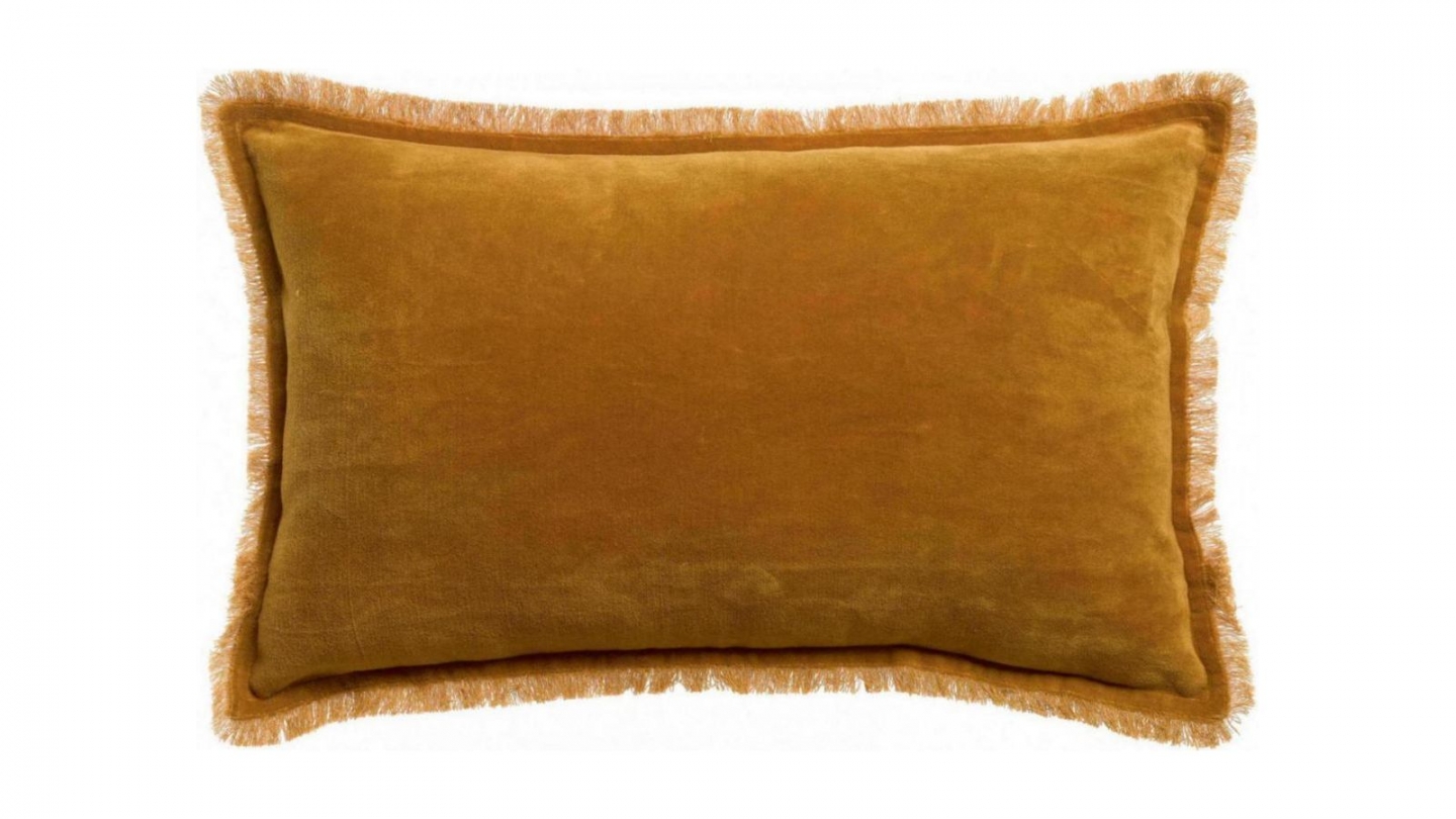 Coussin à frange en velours jaune safran 30 x 50 cm - Fara