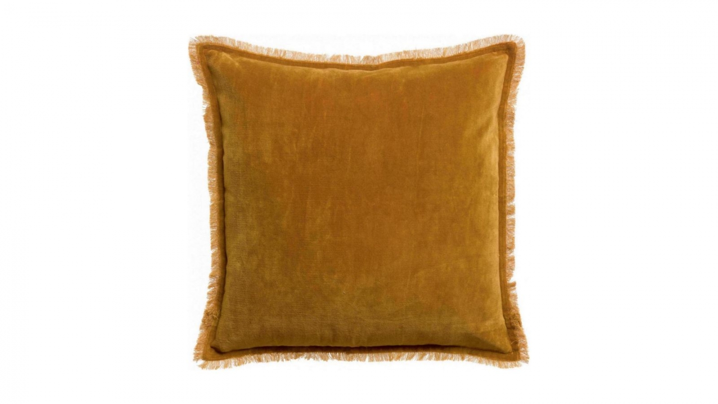 Coussin à frange en velours jaune safran 45 x 45 cm - Fara