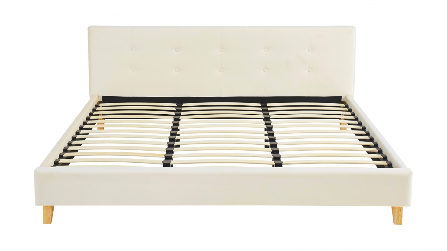 Lit adulte 180x200 cm avec tête de lit capitonnée en velours beige - Milo