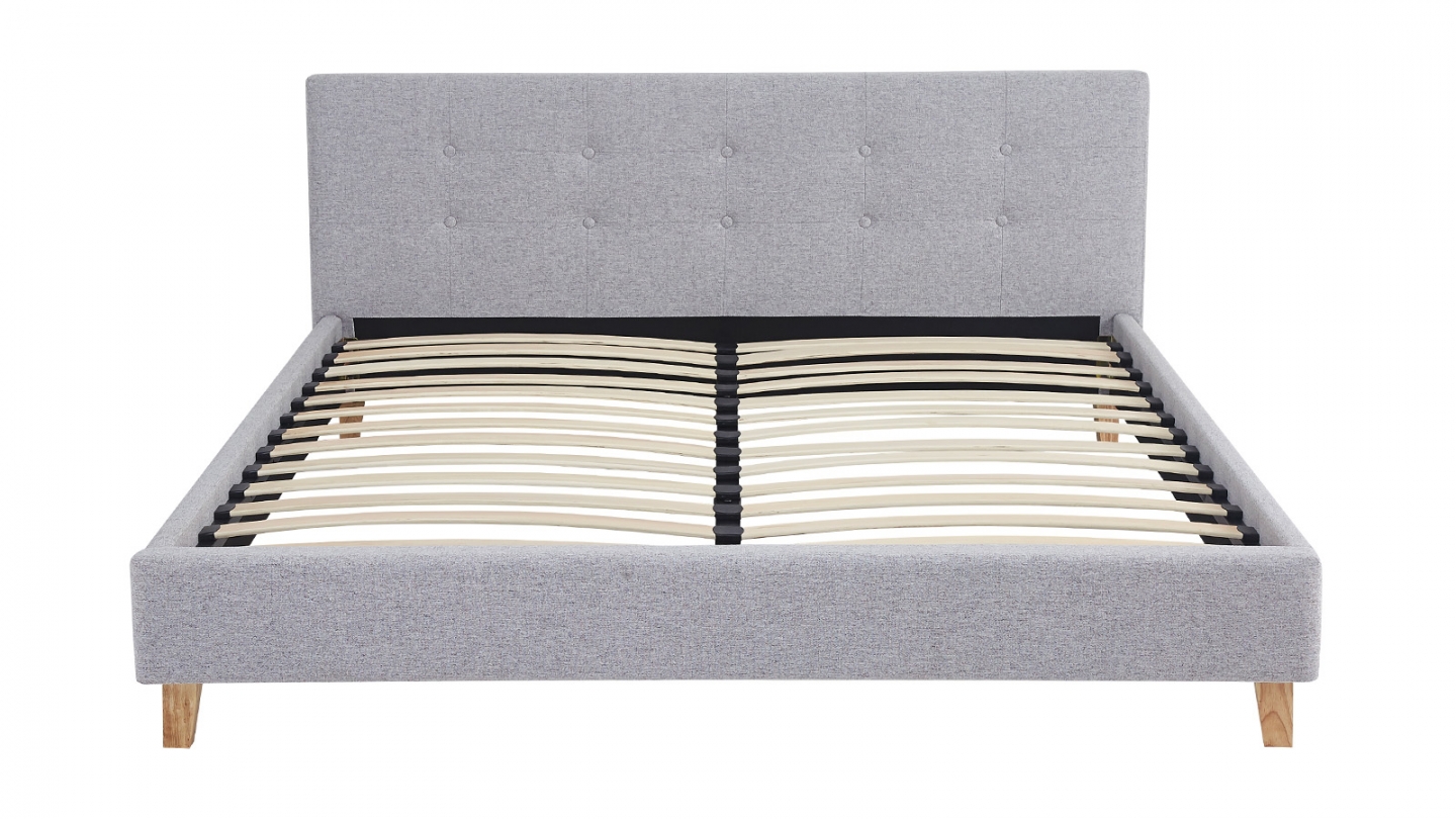 Lit adulte 140x190 cm avec tête de lit capitonnée en tissu gris chiné - Milo