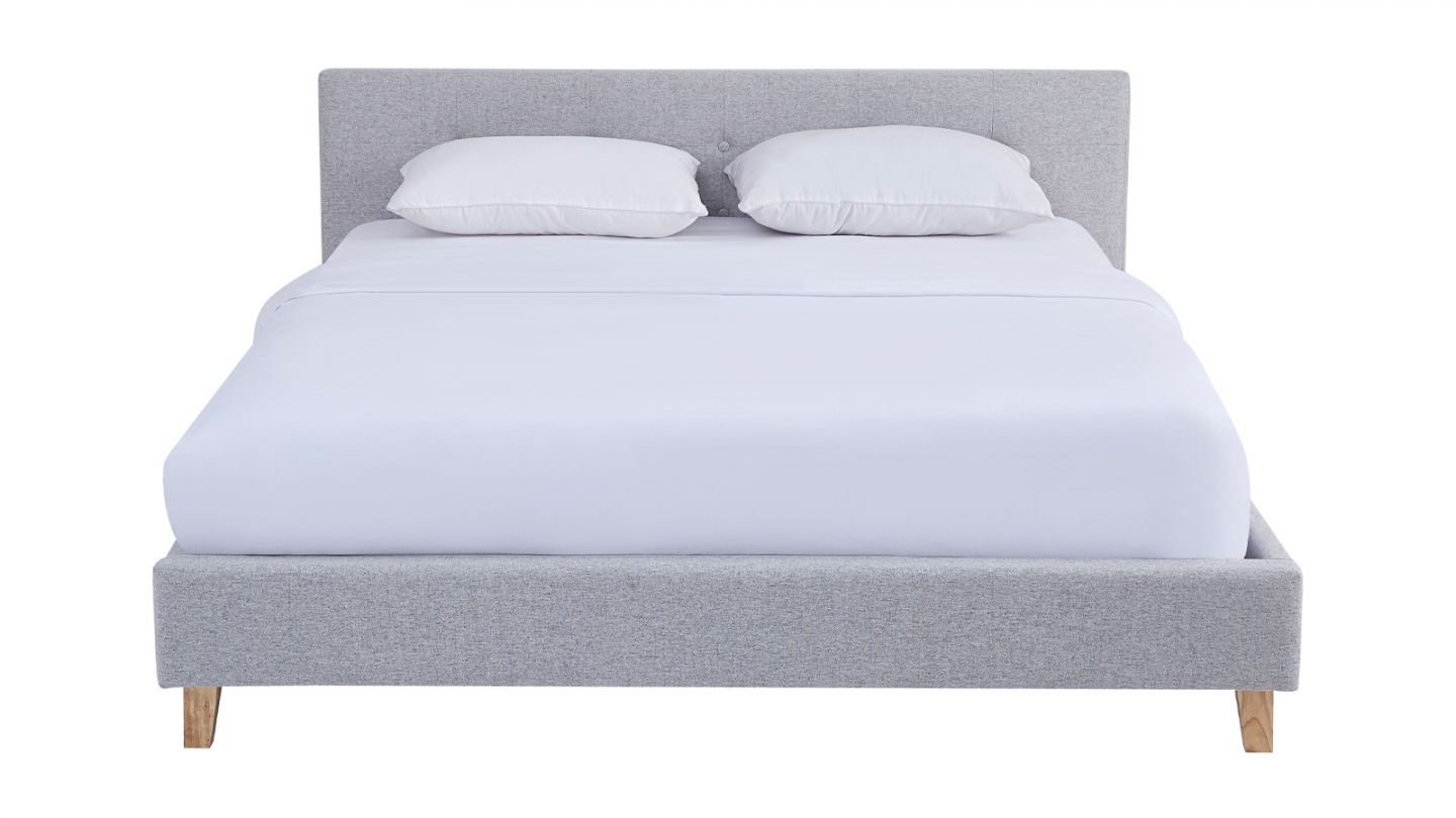 Lit adulte 160x200 cm avec tête de lit capitonnée en tissu gris chiné - Milo