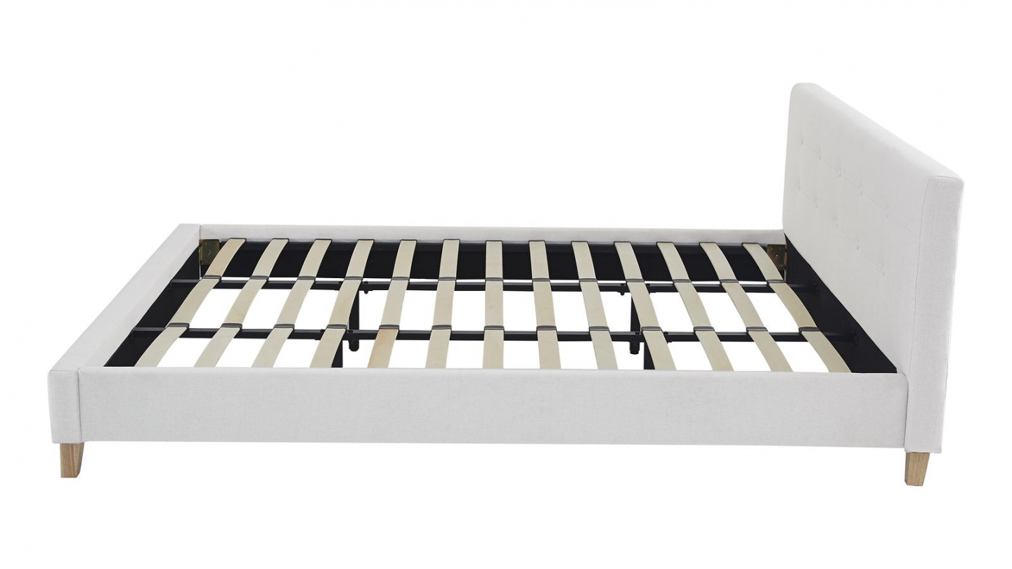 Lit adulte 180x200 cm avec tête de lit capitonnée en tissu beige - Milo