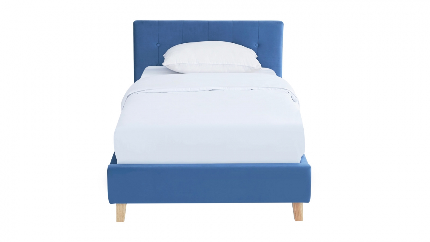 Lit adulte 90x190 cm avec tête de lit capitonnée en velours bleu - Milo