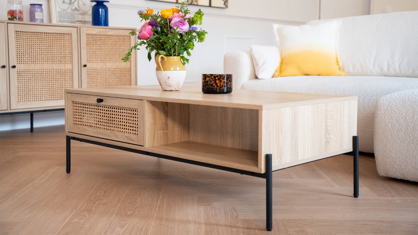 Table basse 1 tiroir en cannage naturel et effet chêne 115 cm - Iris