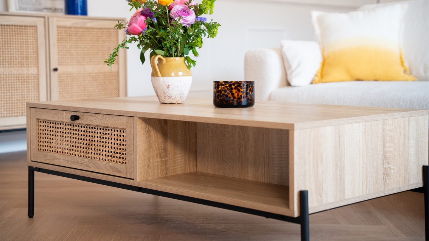 Table basse 1 tiroir en cannage naturel et effet chêne 115 cm - Iris
