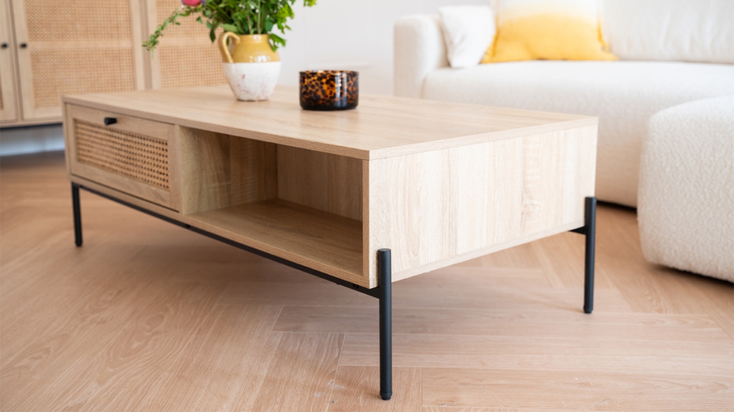 Table basse 1 tiroir en cannage naturel et effet chêne 115 cm - Iris