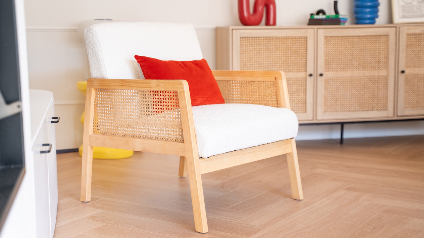 Fauteuil rotin et tissu bouclé écru - Mani