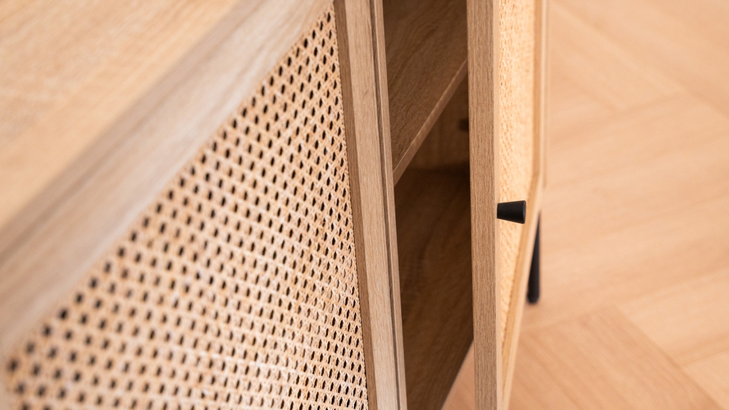 Buffet 3 portes en cannage naturel et effet chêne 160 cm - Iris
