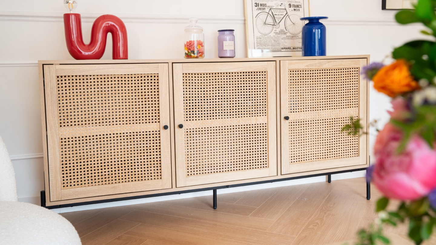 Buffet 3 portes en cannage naturel et effet chêne 160 cm - Iris
