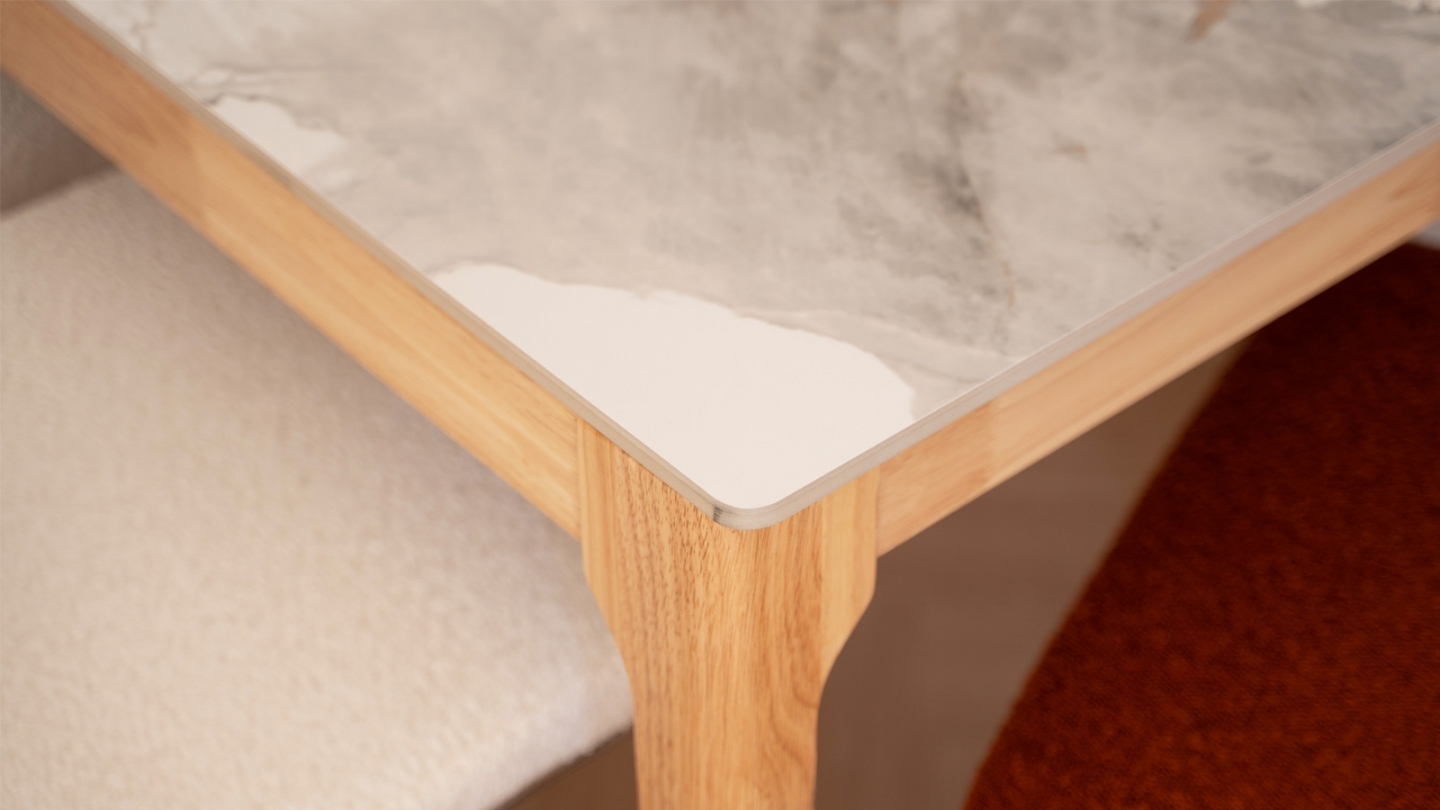 Table à manger en céramique effet marbre, piètement bois 140 cm - Sally