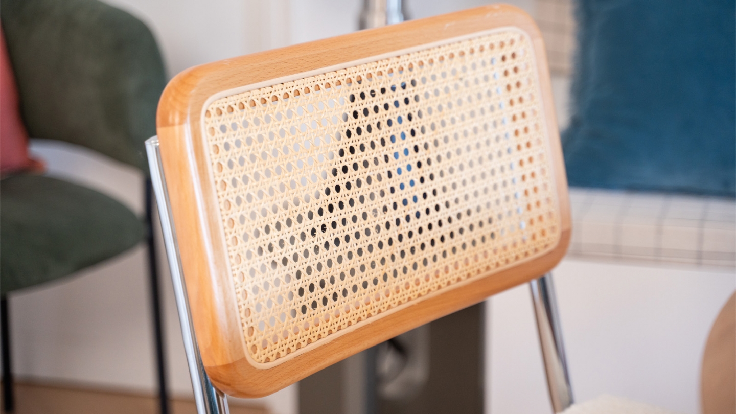 Lot de 2 chaises en rotin, tissu bouclé écru et métal chromé - Muse