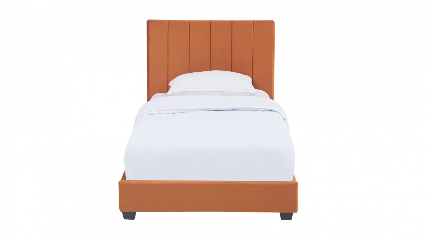 Lit adulte 90x190 cm avec tête de lit capitonnée en velours terracotta - William