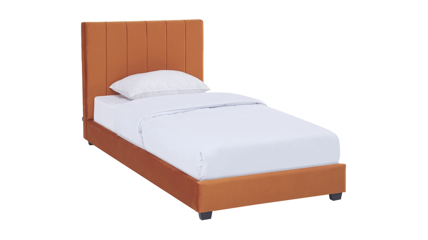 Lit adulte 90x190 cm avec tête de lit capitonnée en velours terracotta - William