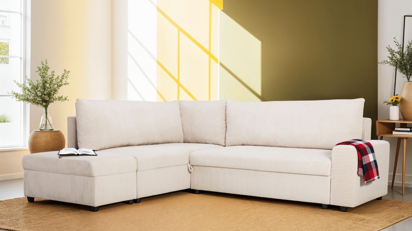 Canapé d'angle convertible réversible 4/5 places en velours côtelé beige - Malte
