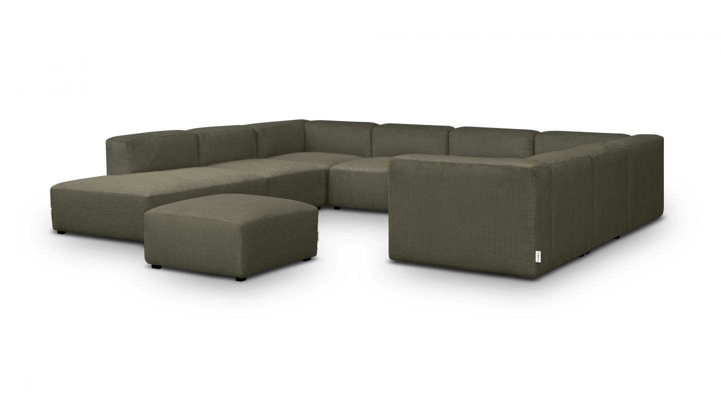 Canapé modulable panoramique 12 places ouvert à gauche + pouf en velours côtelé vert kaki - Modulo