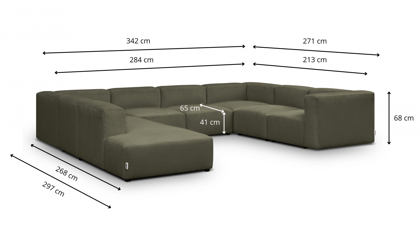 Canapé modulable panoramique 12 places ouvert à gauche en velours côtelé vert kaki - Modulo
