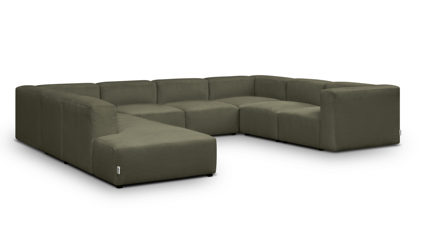 Canapé modulable panoramique 12 places ouvert à gauche en velours côtelé vert kaki - Modulo