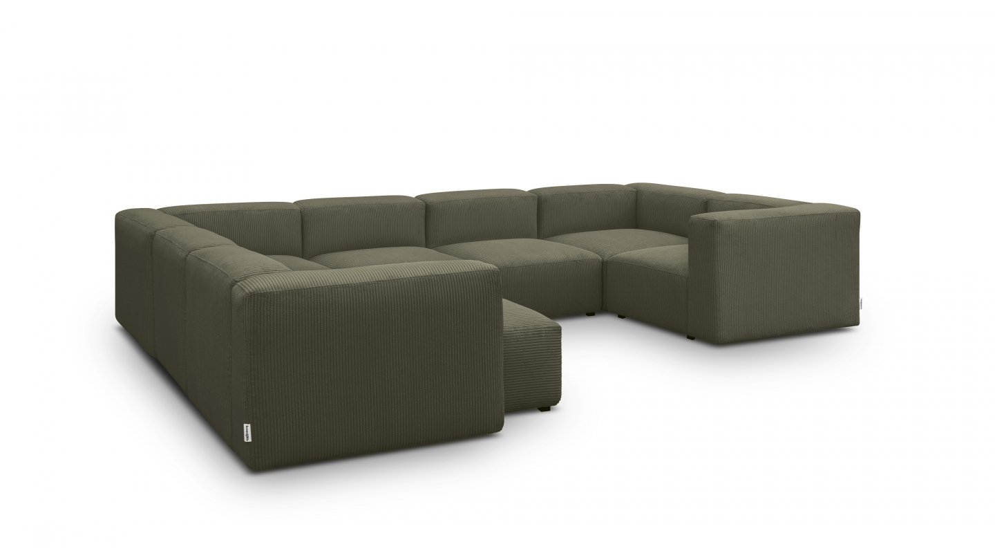 Canapé modulable panoramique 10 places avec méridienne à gauche en velours côtelé vert kaki - Modulo