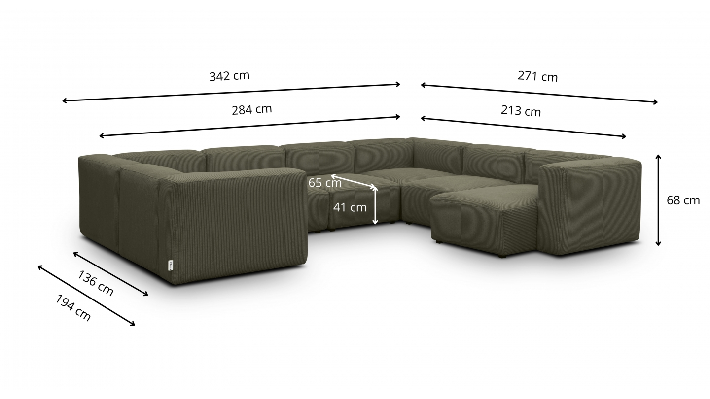 Canapé modulable panoramique 10 places avec méridienne à droite en velours côtelé vert kaki - Modulo