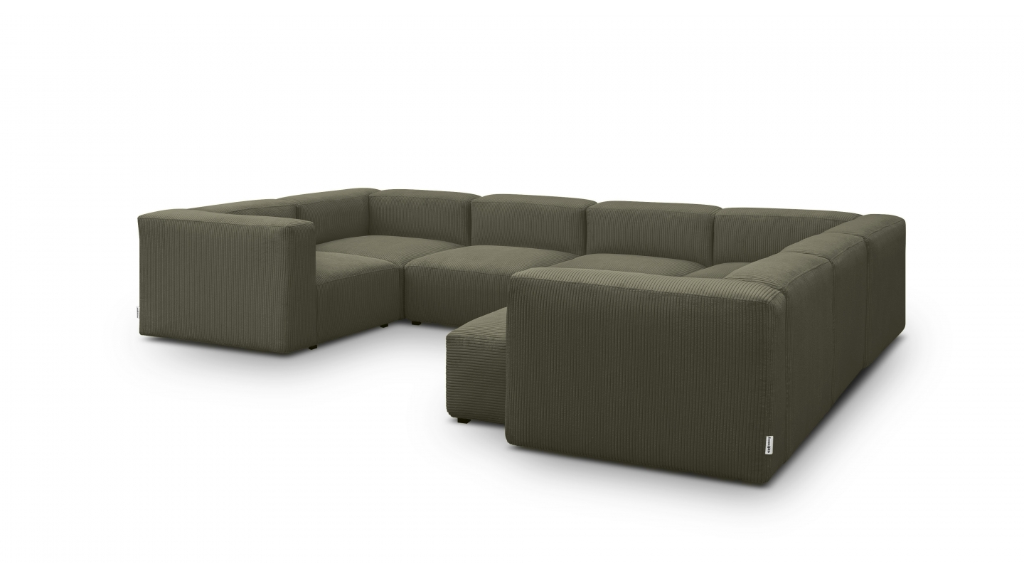 Canapé modulable panoramique 10 places avec méridienne à droite en velours côtelé vert kaki - Modulo