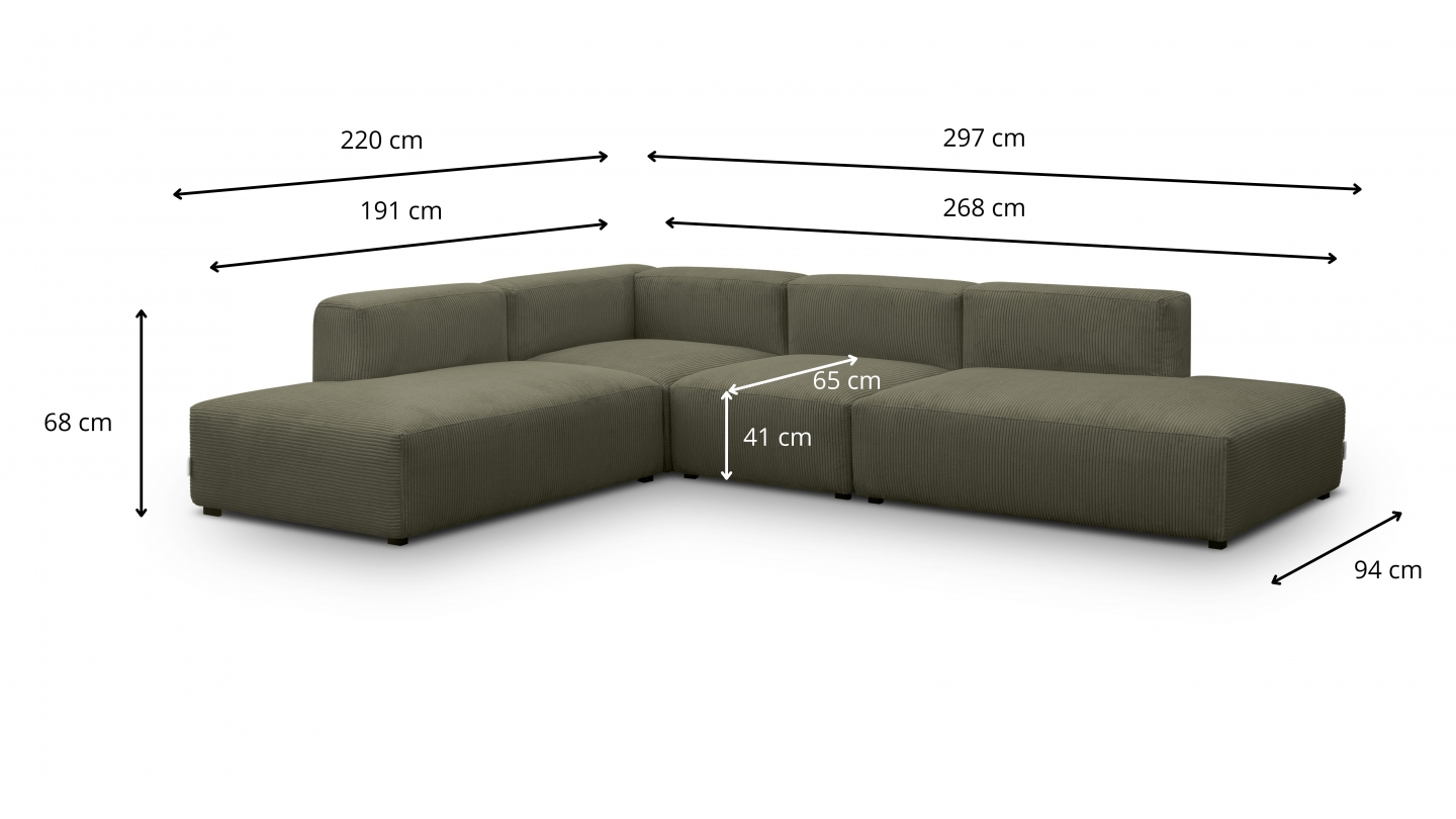 Canapé d'angle modulable réversible 7 places en velours côtelé vert kaki - Modulo