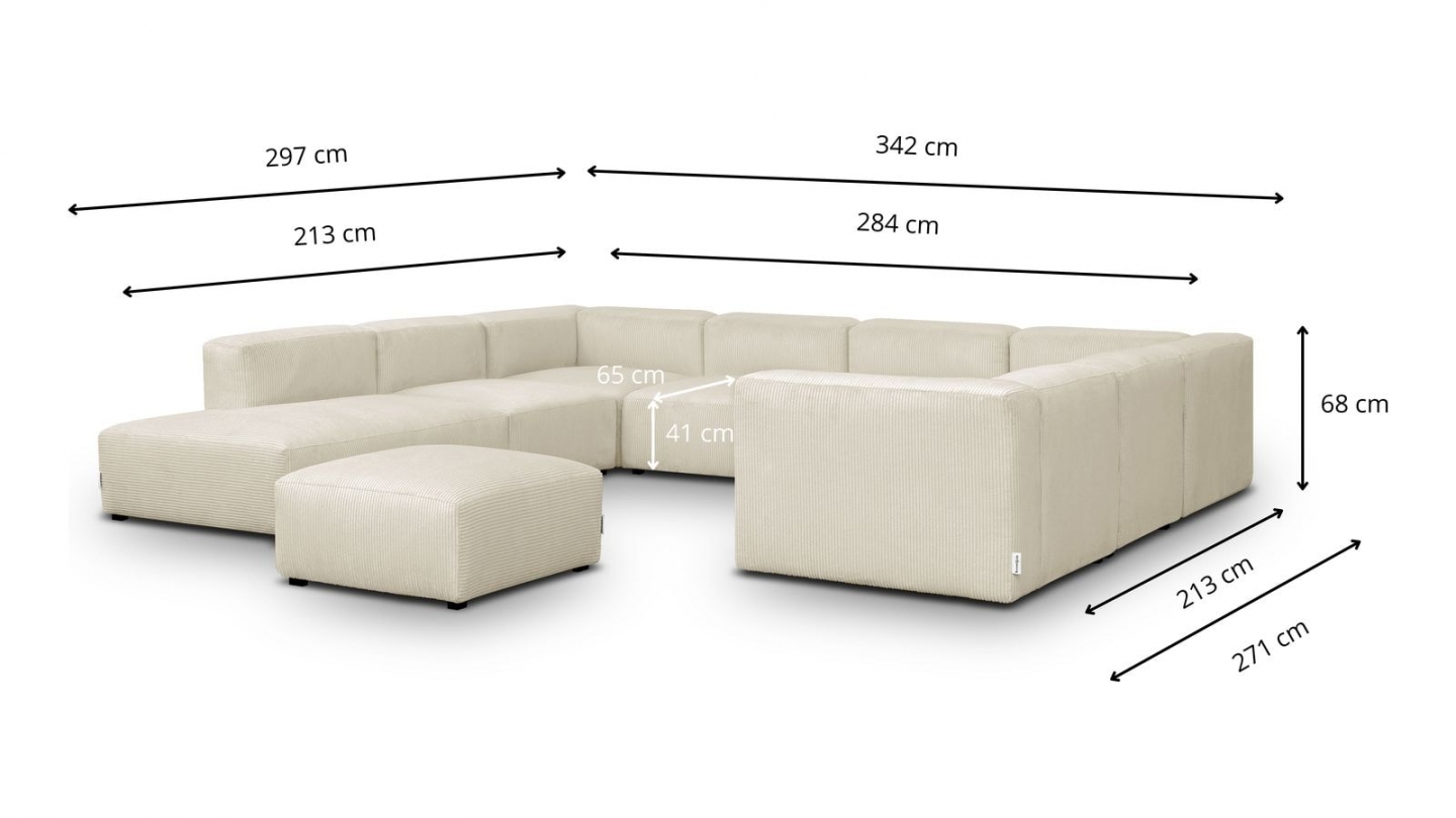 Canapé modulable panoramique 12 places ouvert à gauche + pouf en velours côtelé beige - Modulo