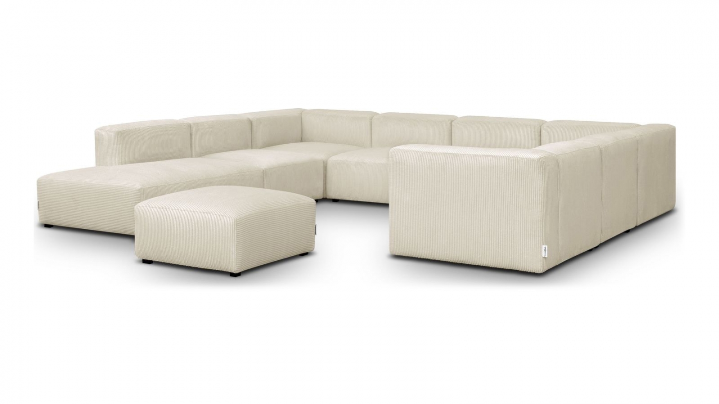 Canapé modulable panoramique 12 places ouvert à gauche + pouf en velours côtelé beige - Modulo