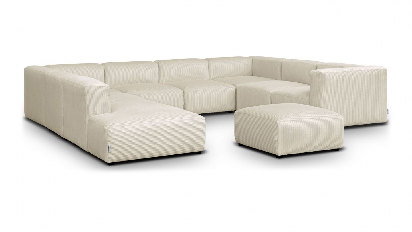 Canapé modulable panoramique 12 places ouvert à gauche + pouf en velours côtelé beige - Modulo