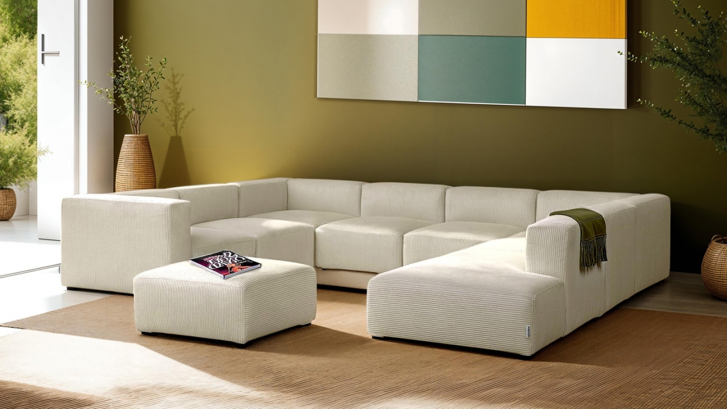 Canapé modulable panoramique 12 places ouvert à droite + pouf en velours côtelé beige - Modulo
