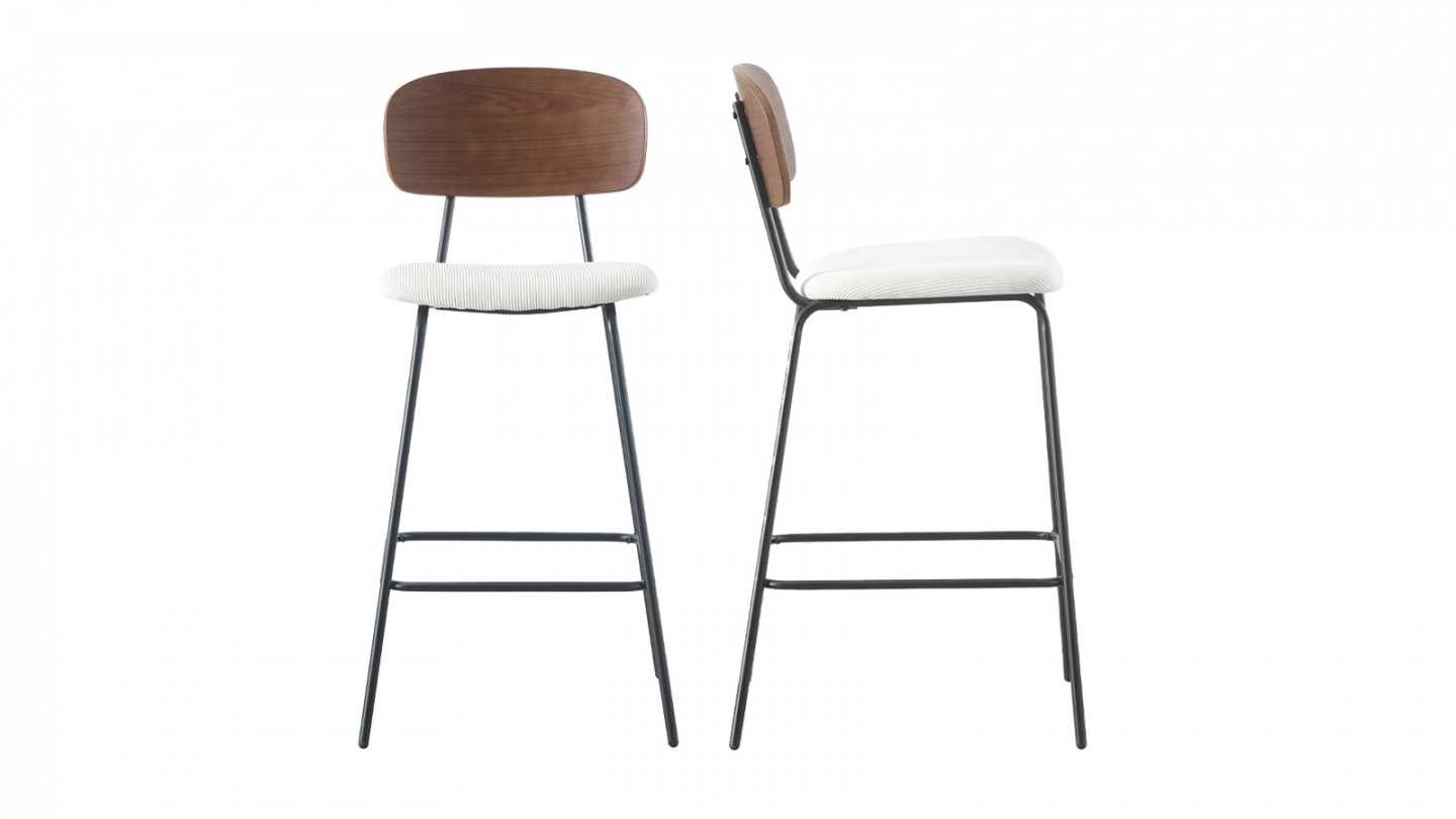 Lot de 2 tabourets de bar en velours côtelé beige - Dany