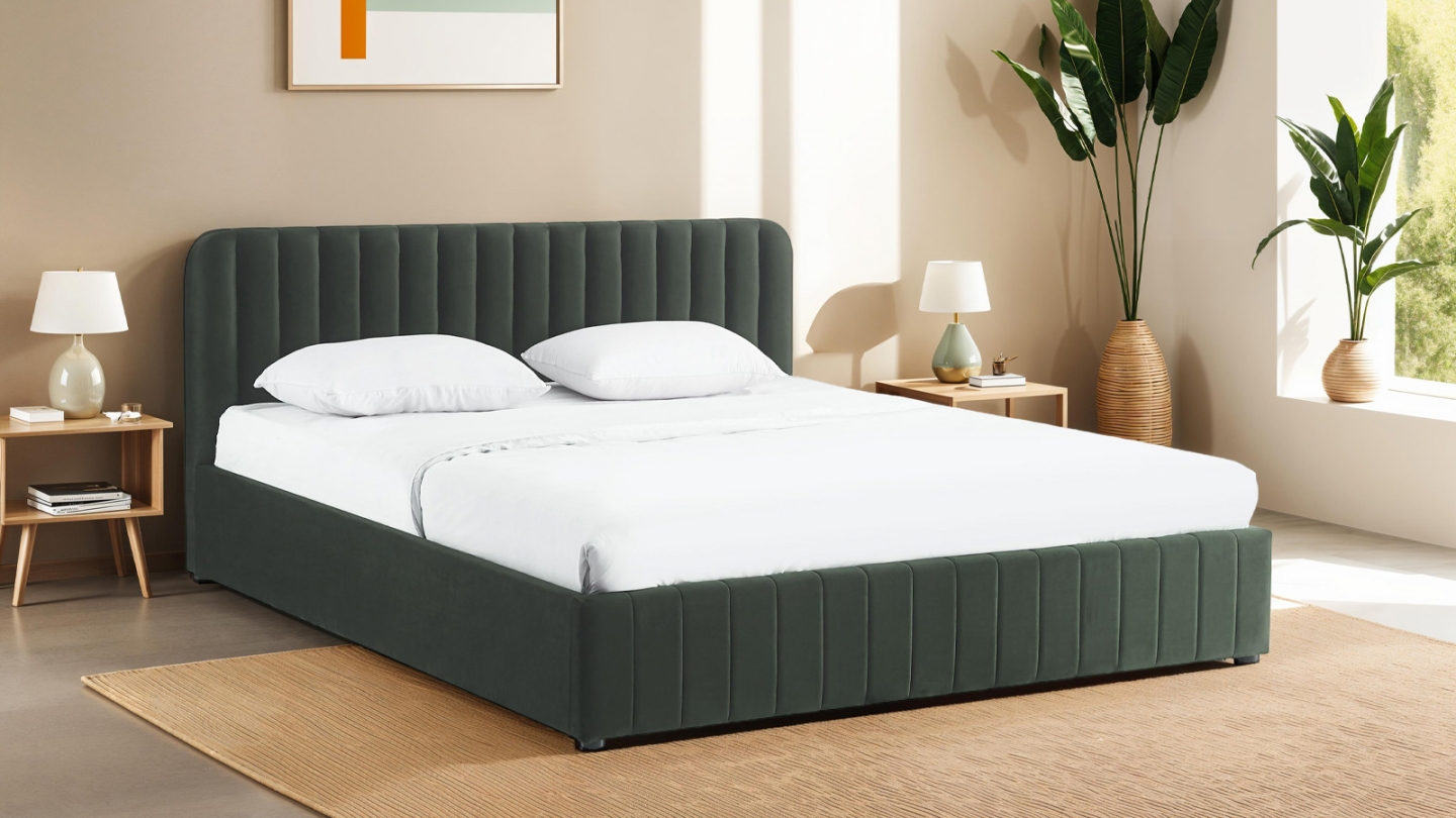 Lit coffre adulte 180x200 cm avec tête de lit capitonnée en velours vert kaki - Ava
