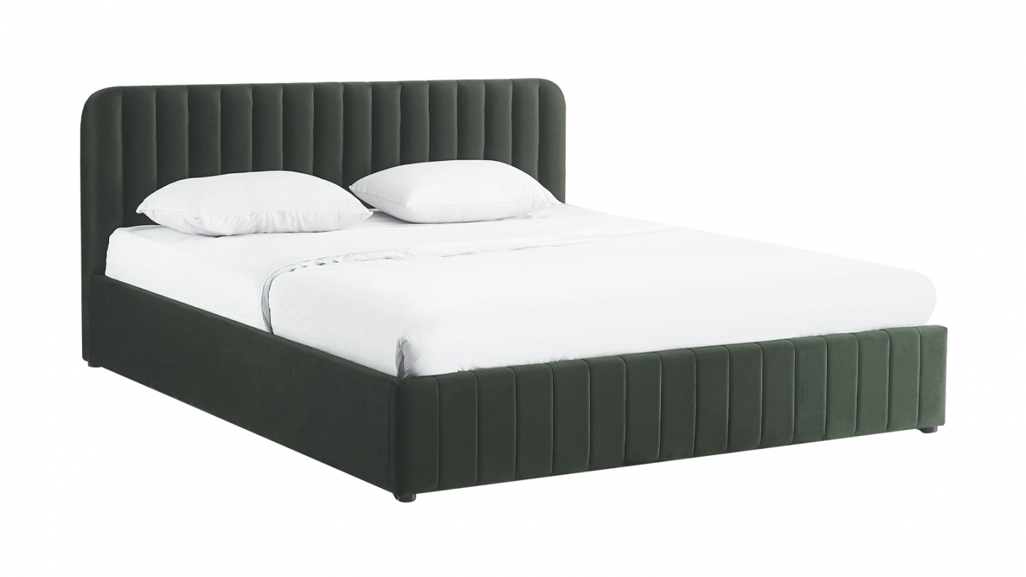 Lit coffre adulte 180x200 cm avec tête de lit capitonnée en velours vert kaki - Ava