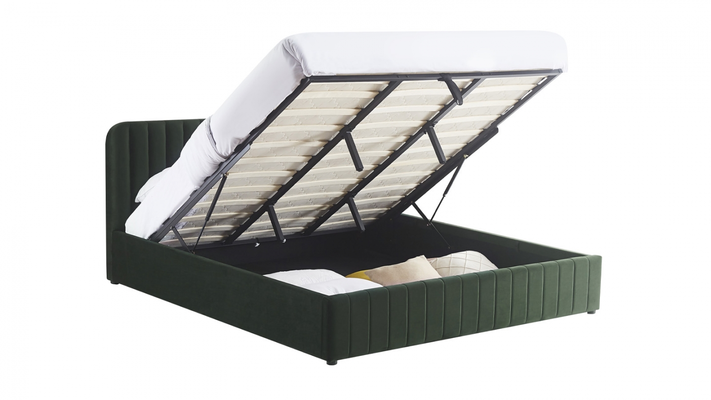 Lit coffre adulte 180x200 cm avec tête de lit capitonnée en velours vert kaki - Ava
