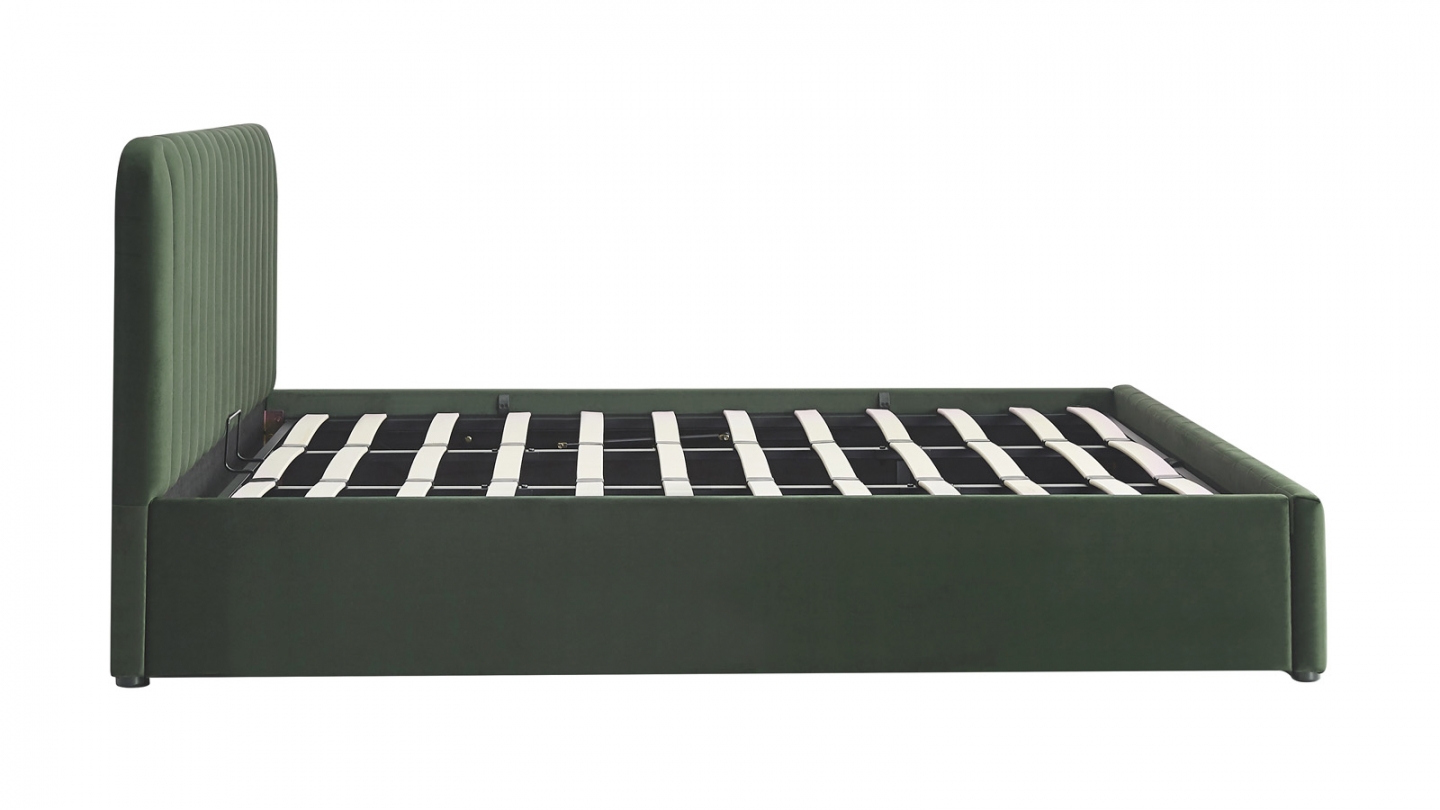 Lit coffre adulte 180x200 cm avec tête de lit capitonnée en velours vert kaki - Ava
