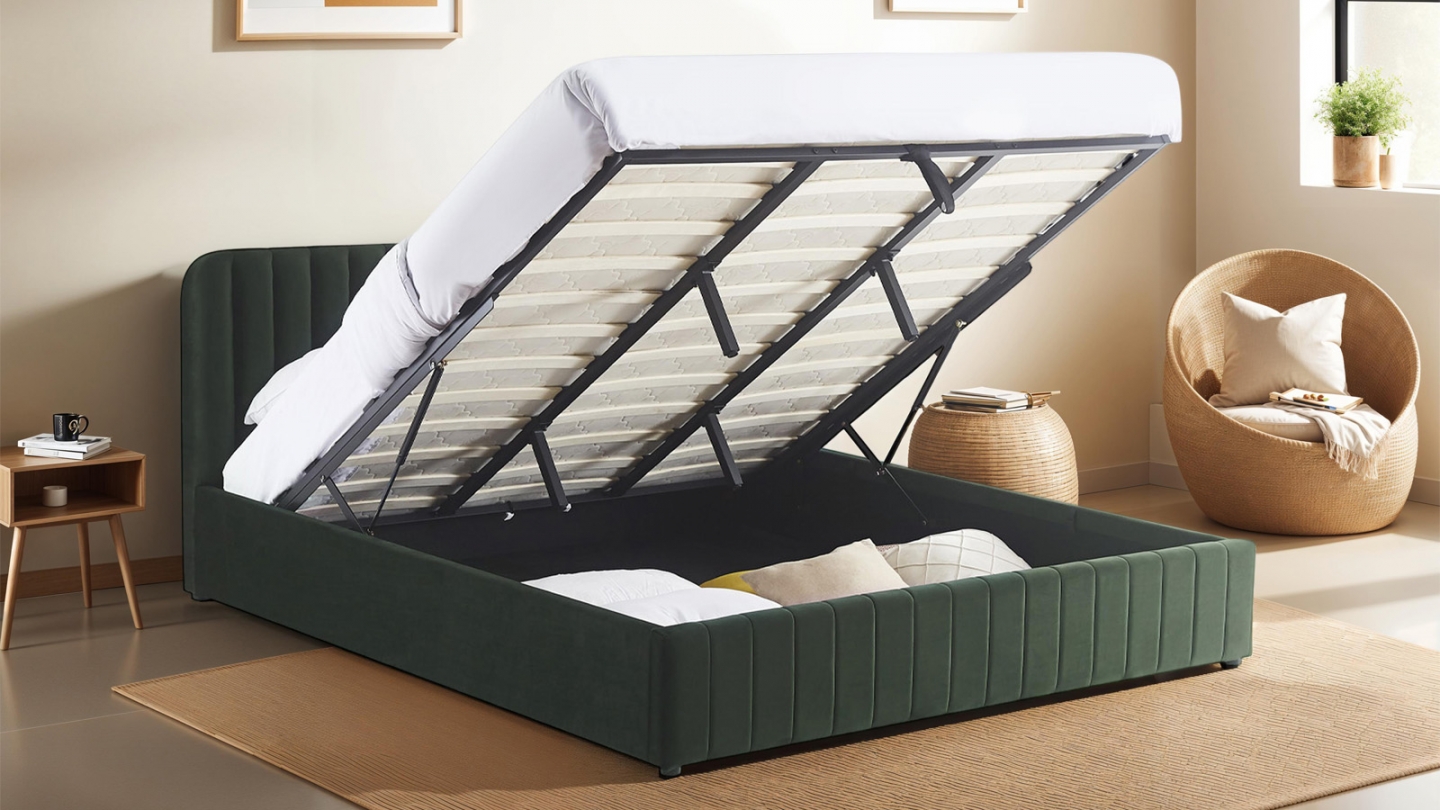 Lit coffre adulte 180x200 cm avec tête de lit capitonnée en velours vert kaki - Ava