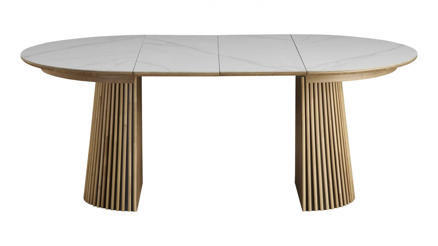 Table à manger ronde extensible plateau en céramique effet marbre et piètement bois clair 4 à 8 pers. 120/200 cm - Ada